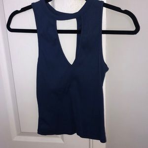 Dark Blue High Neck Crop Top w/ Cutout